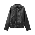 Detailed close-up of black faux leather aviator jacket featuring collar and zip closure - XS / Black