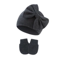 Detail view of charcoal grey knit baby hat with bow and matching anti-scratch mittens set - Black and Gray
