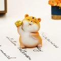 Orange resin tiger ornament standing with gold ingot for car interior and desk decor - 2732-2C Mini Fat Tiger Raising Ingot