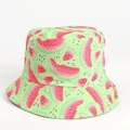 Detail of light green bucket hat with watermelon print and yellow stitching details - Watermelon Light Green