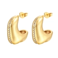 Golden C-shaped stainless steel earrings inlaid with sparkling white zircons - C-Shape Rhinestone Inlay (MS-510)
