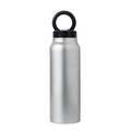 Silver stainless steel sports water bottle with a black magnetic ring holder lid - 24oz / With Straw / Steel Color