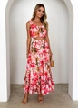 Dettaglio di crop top e gonna lunga a balze con stampa artistica per look estivo - S / Set Floreale Rosa