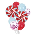 Close-up of Christmas balloon set with red latex and candy-shaped foil balloons - Style 6-Red Blue Purple Candy Swirl Set