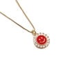 Gold-plated necklace with a red enamel smiley face pendant and cubic zirconia stones - Red