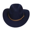 Top view of navy wool fedora hat with brown leather band and metal buckle detail - M (56-58cm) / Navy Blue (165-F)