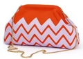 Pochette in maglia a righe arancioni e lilla con tracolla a catena in metallo dorato - Borsa a mano in maglia / Modello a denti di sega viola e arancio