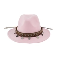 Pink wool felt fedora with ethnic embroidered band and silver metal pendant charms - 58cm / Light Pink