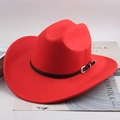 Classic red felt cowboy hat with a black synthetic leather band and silver metal buckle - Decorative Metal Buckle / Red