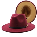 Two-tone wool fedora hat in burgundy and camel with a black belt and gold chain detail - Wine Red and Camel