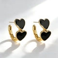 Fashionable golden double heart hoop earrings with black enamel detail for women - Gold Edge Black Double Heart Hoop Earrings