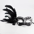 Détail du masque de bal argenté avec plumes noires et motifs scintillants sur fond blanc - Argent