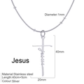 Collar de cruz de Jesús en acero inoxidable plateado con medidas de tamaño exactas - Letra JESUS / Color Acero