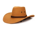 Detail of orange-brown faux suede cowboy hat with braided leather bands and air vents - One Size / Cow Yellow