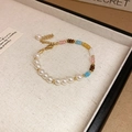 Elegant pearl and colorful beads bracelet with golden finish on a linen tray - Colorful Faux Stone Tiger Eye Pearl Bracelet (#7)