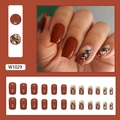 Caramel leaf press-on nails with gold foil accents in mid-length square shape - W1029 Caramel Mocha