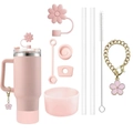 Pink Stanley cup accessory set with flower straw covers, silicone base and charm chain - 9-Piece Set / Pink