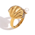 Anillo de concha en acero chapado en oro de 18K con cristales y perla blanca elegante - US 6 / Dorado