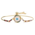 Detail van gouden Evil Eye armband met kleurrijke kristallen en verstelbare schuifsluiting - Goud Veelkleurig