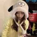 Plüsch-Fuchsohren-Kapuzenschal in Cremeweiß mit schwarzen Deko-Ohren für den Winter - Großäugiger Hunde-Stil / Beige