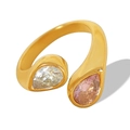 Retro 18k vergulde roestvrijstalen open ring met roze en heldere druppelvormige zirkoon - Goud
