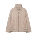 Women's French retro beige bomber jacket with stand collar and textured wool finish - S / Apricot