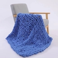 Blue chunky knit chenille throw blanket draped on a wooden chair with woven texture - 25*100cm / Sapphire Blue