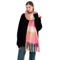 Winter checkered tassel scarf in pink and white wool-like fabric for women casual wear - Beige Coffee Pink Rainbow