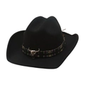Classic black wool western cowboy hat with ethnic braided band and metal bull head ornament - One Size / Black (Bull Head)