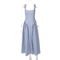 Detailed view of the blue and white plaid pattern on the sleeveless midi dress - XS / Top And Bottom / Denim Blue