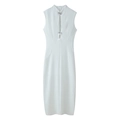 White sleeveless slim fit midi dress with front cutout and decorative silver buckles - S / White