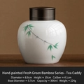 White ceramic mini tea jar with green bamboo painting and brown metallic lid - Hand Painted Fresh Green Bamboo - Alloy Lid Jar
