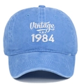 Close-up of vintage 1984 white embroidery on washed blue cotton baseball cap fabric - Adjustable / Light Blue