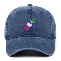 Vintage washed navy denim baseball cap featuring colorful bottle embroidery and six panels - Navy Blue