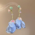 Macro view of elegant blue fabric flower drop earrings featuring delicate beaded floral stems - Organza Beaded Tassel Style (68) / 1 Pair Pack / Blue