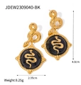Golden snake earrings with black enamel round charms and vintage snake pattern detail - Snake Round Drop Style (JDEW2309040-BK)