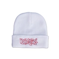 Detail of red BABYGIRL graffiti embroidery on a white knitted beanie hat for winter - M (56-58cm) / White