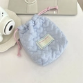 Blue striped quilted drawstring storage bag for camera with pink ribbons on white desk - Heart Blue Stripes