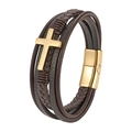 Men's brown multilayer braided leather bracelet with golden cross and magnetic clasp - Gold