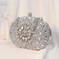 Elegant silver rhinestone evening clutch bag with crystal floral pattern and metal handle - Oval Egg Shape - Silver