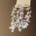 Macro shot of long floral tassel earrings with iridescent sequins and colorful beads - 2# Iridescent Petal Long Tassel (Silver Pin)