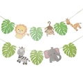 Banderole safari jungle avec des motifs de lion, éléphant et girafe en dessin animé - Nouvelle Bannière Feuilles Vertes