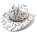 Weißer Western-Cowboyhut mit schwarzem Vogelprint und geflochtenem Dekoband - M (56-58cm) / Weiß - Flacher Kopf