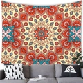 Detailed mandala pattern on bohemian tapestry hanging in a modern living room - 100x70cm (Short Plush) / Warm Orange Red Symmetrical (31)