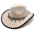 Detail of bohemian fedora hat with turquoise beads, bronze charms and black stitched brim - M (56-58cm) / Beige