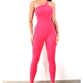 Rose red one-shoulder seamless yoga bodysuit in ribbed knit fabric for fitness - S / Rose Red
