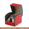 Red lychee grain PU leather octagonal watch box with white stitching and suede interior - Chair Style / Red