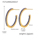 Gold stainless steel C-shape earrings with a row of inlaid blue zircon gemstones - Style B-15mm / Gold Blue Zirconia