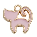 Pink enamel cat-shaped metal pendant with golden edges for DIY jewelry making - Cat