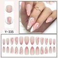 Pink almond fake nails set with heart patterns and French wavy lines, 24 piece kit - Pale Pink Heart Wave Minimalist French (Y-335)